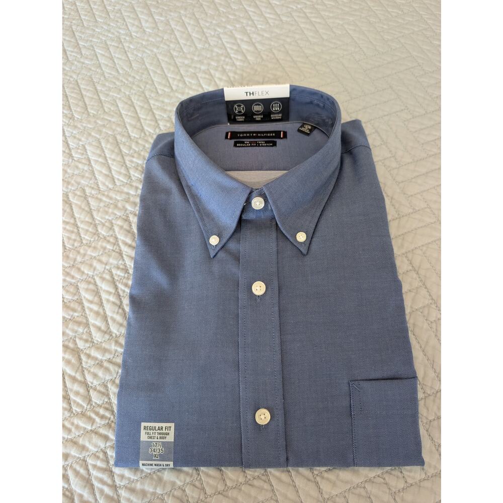 Tommy Hilfiger Dress Shirt Men's Size 17.5 34/35 Blue Regular Fit Flex Twill